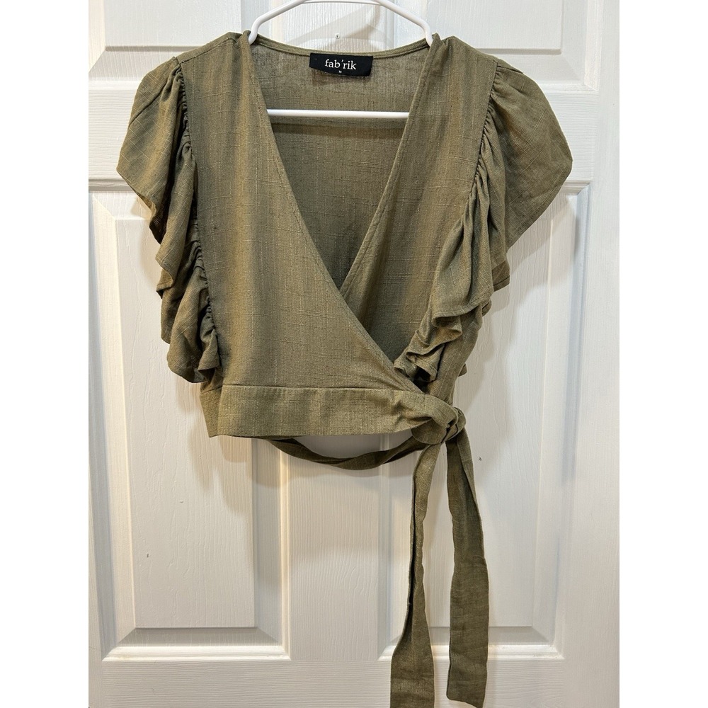 fab'rik Linen Blend Wrap Cropped Ruffled Cap Sleeve Top Sz M Bohemian Festival